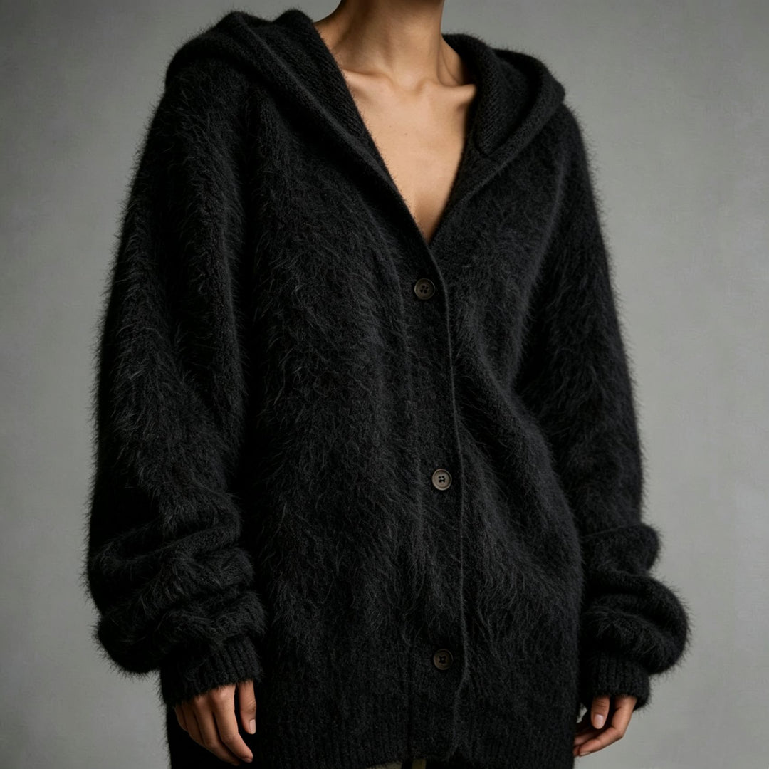 Damen Flauschiger Kapuzen-Cardigan im Mohair-Look mit Knopfleiste – Veloura