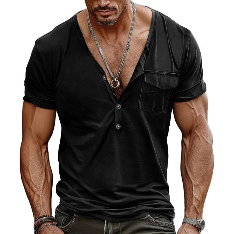 Herren lässiges V-Ausschnitt Henley T-Shirt mit praktischer Brusttasche Echoarchiv