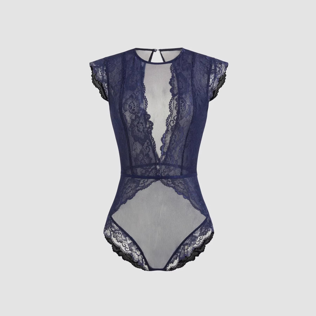 Damen Elegantes Spitzenbody mit tiefem V-Ausschnitt und zarten Rüschendetails Echo Archiv
