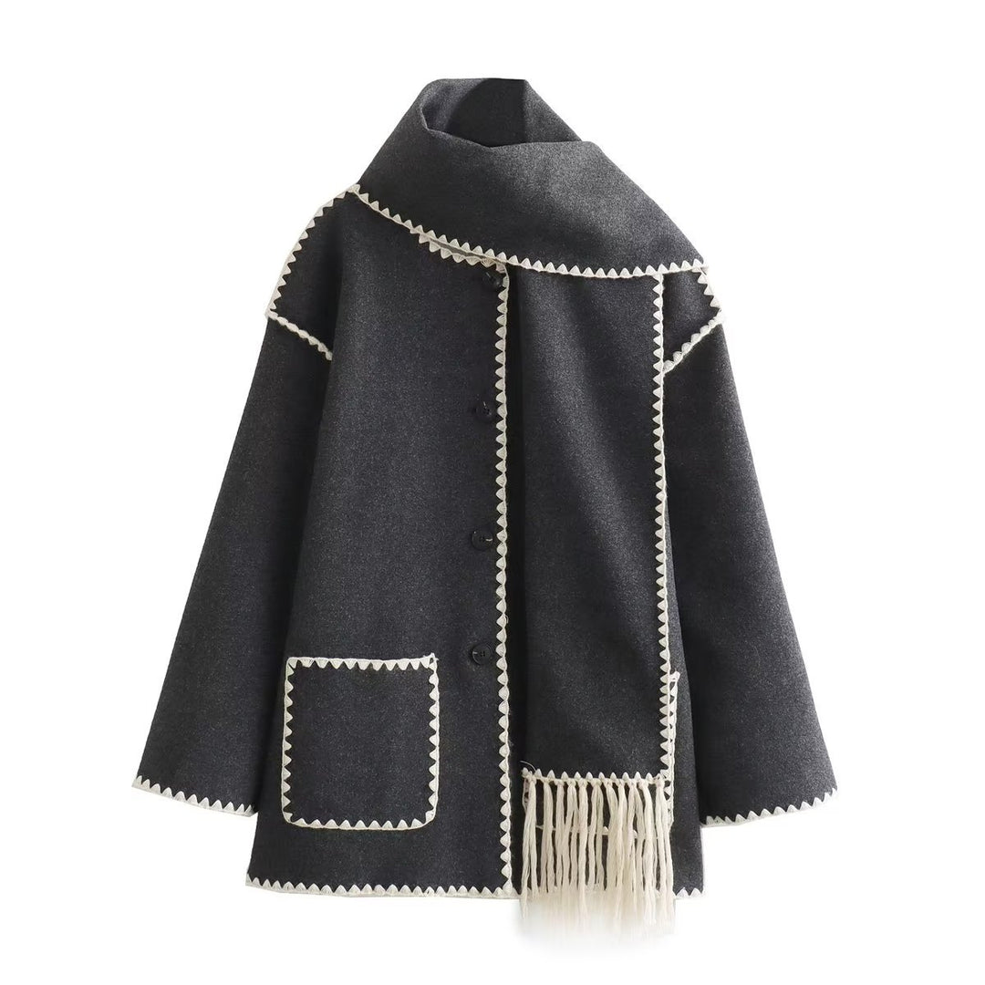 Damen Cape-Mantel mit angesetztem Fransen-Schal und Zier-Zickzacknaht Echo Archiv