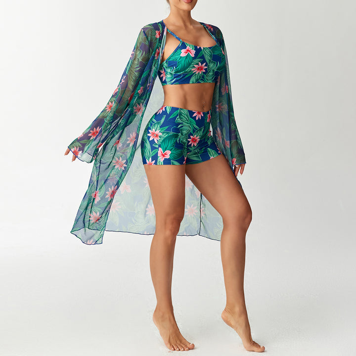 Damen Badeanzug Set mit floralem Oberteil und transparentem Strandüberwurf Echo Archiv