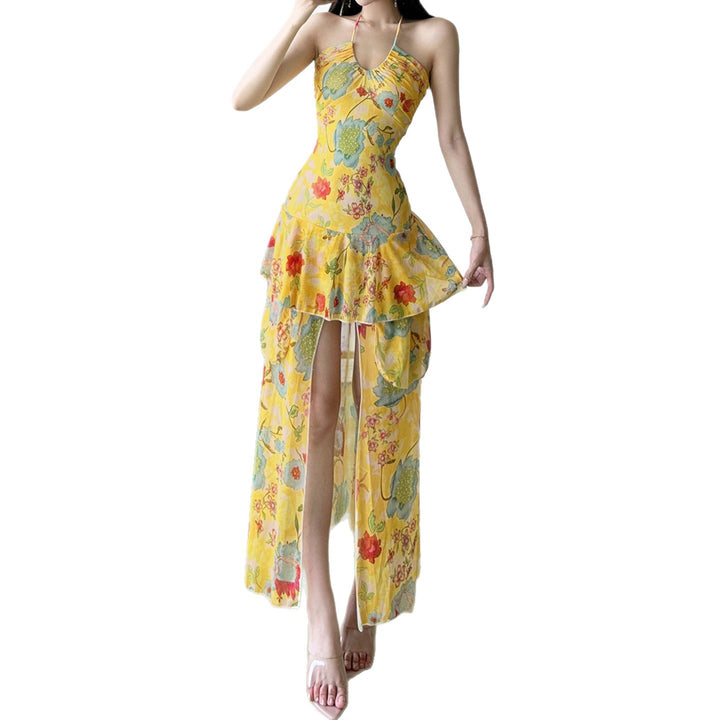 Damen Maxi-Kleid mit floralen Rüschen und tiefem V-Ausschnitt Echo Archiv