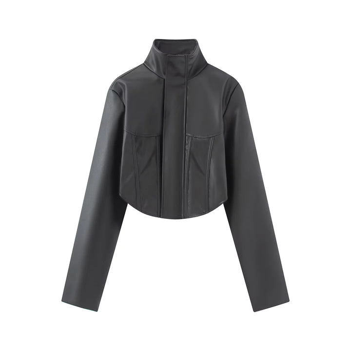 Damen kurzes Sculpted Korsettjacke mit Stehkragen, Epaulette‑Detail und verdeckter Druckknopfleiste – Célinea