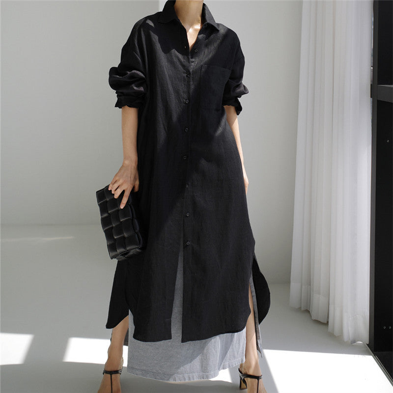 Damen Langes Leichtes Hemdblusen-Midaxi-Kleid mit Kentkragen und hohen Seitenschlitzen – Élara