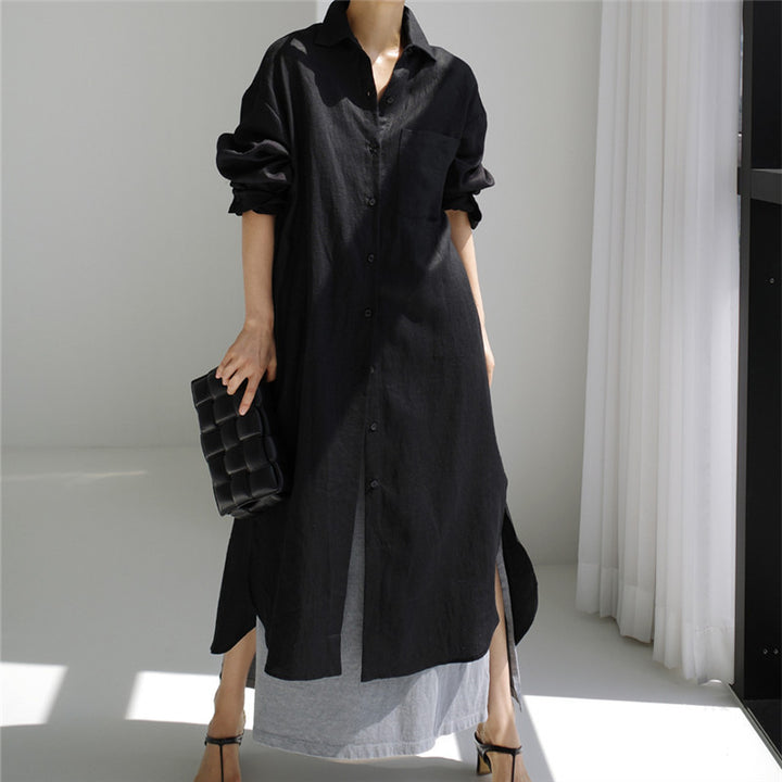 Damen Langes Leichtes Hemdblusen-Midaxi-Kleid mit Kentkragen und hohen Seitenschlitzen – Élara