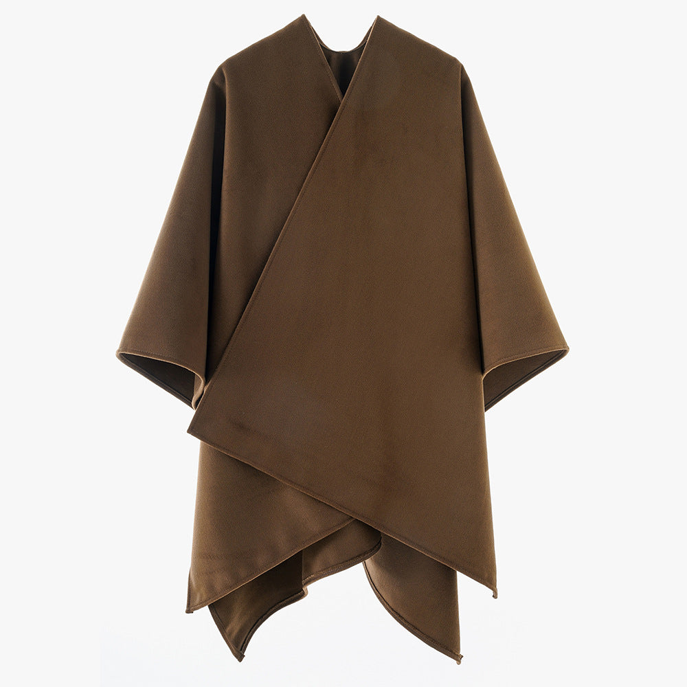Damen Minimalistischer Wickel-Cape aus Wollmix mit V-Ausschnitt und asymmetrischem Saum – Montévia