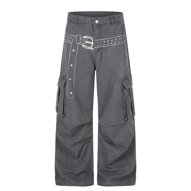 Damen Cargo-Palazzo-Hose aus Baumwollmix mit weitem Bein, aufgesetzten Klappentaschen und Gürtelprint Echoarchiv