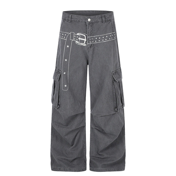 Damen Cargo-Palazzo-Hose aus Baumwollmix mit weitem Bein, aufgesetzten Klappentaschen und Gürtelprint Echoarchiv