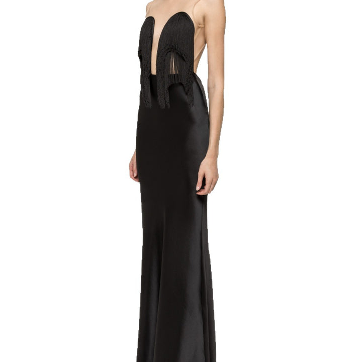 Damen Langärmliges Maxikleid mit tiefem V-Ausschnitt und fransierten Details Echo Archiv