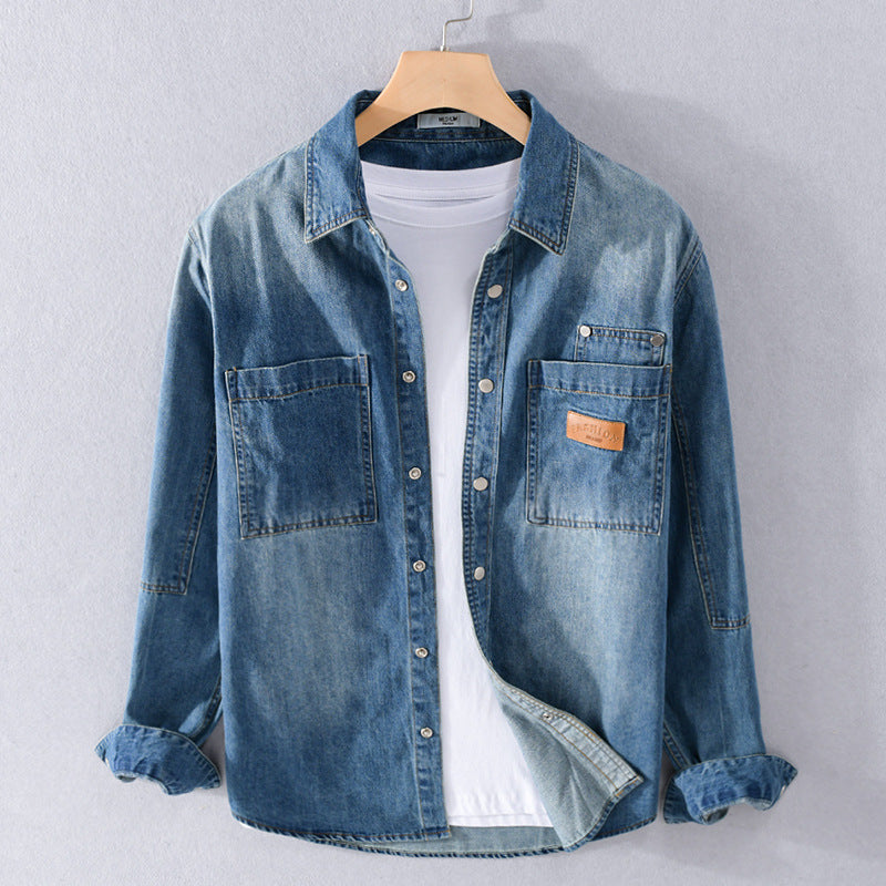 Herren Vintage-Jeanshemdjacke im Overshirt-Look mit Druckknöpfen und Kontrastnähten Echoarchiv
