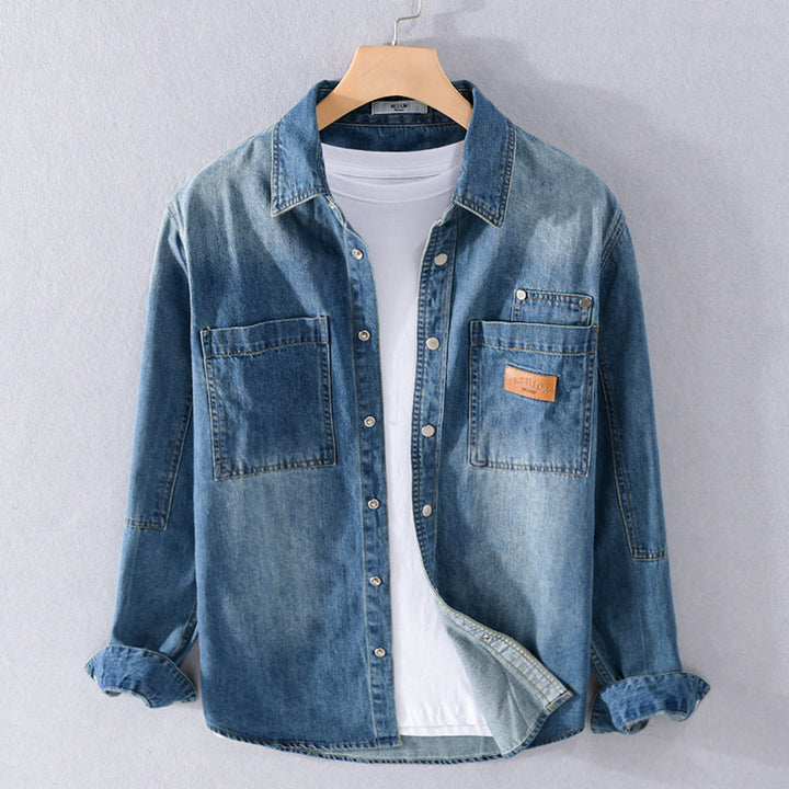 Herren Vintage-Jeanshemdjacke im Overshirt-Look mit Druckknöpfen und Kontrastnähten Echoarchiv