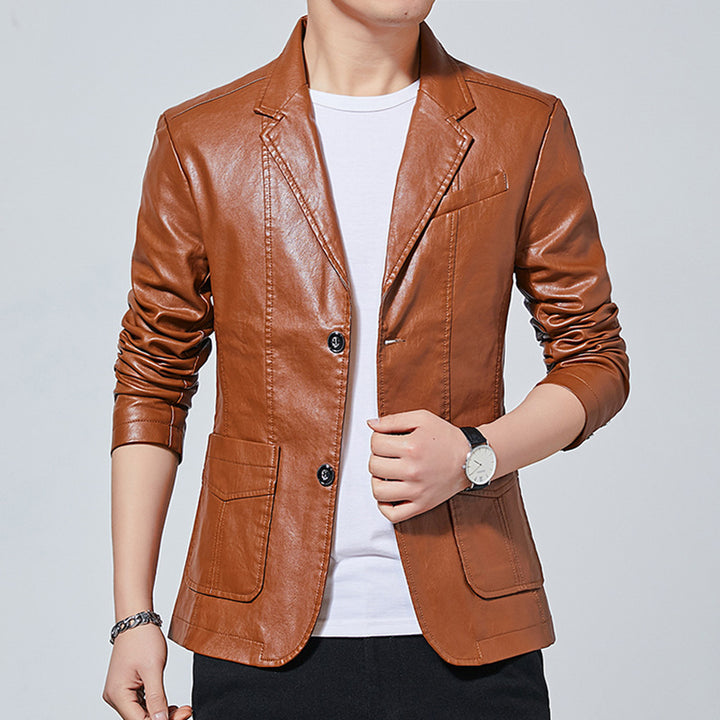 Herren Kunstleder-Sakko im Blouson-Stil mit Hemdkragen und aufgesetzten Taschen Echoarchiv