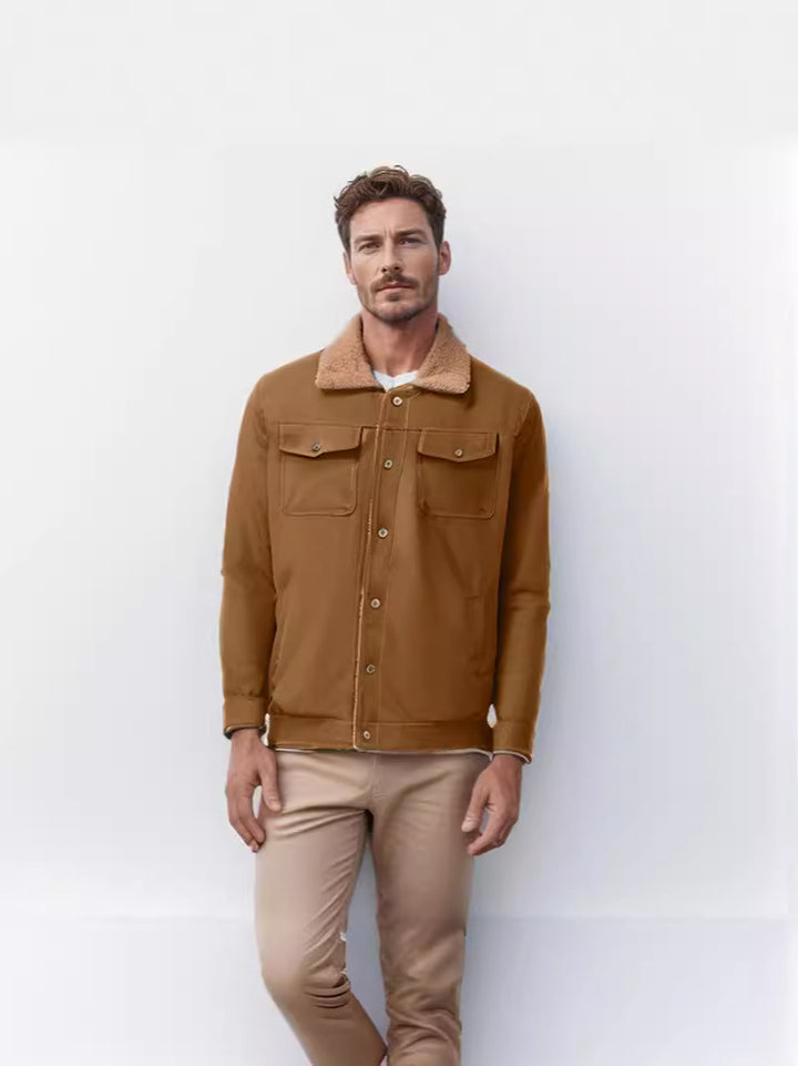 Herren lässige Jacke mit Kunstfellkragen und praktischen Taschen Echoarchiv
