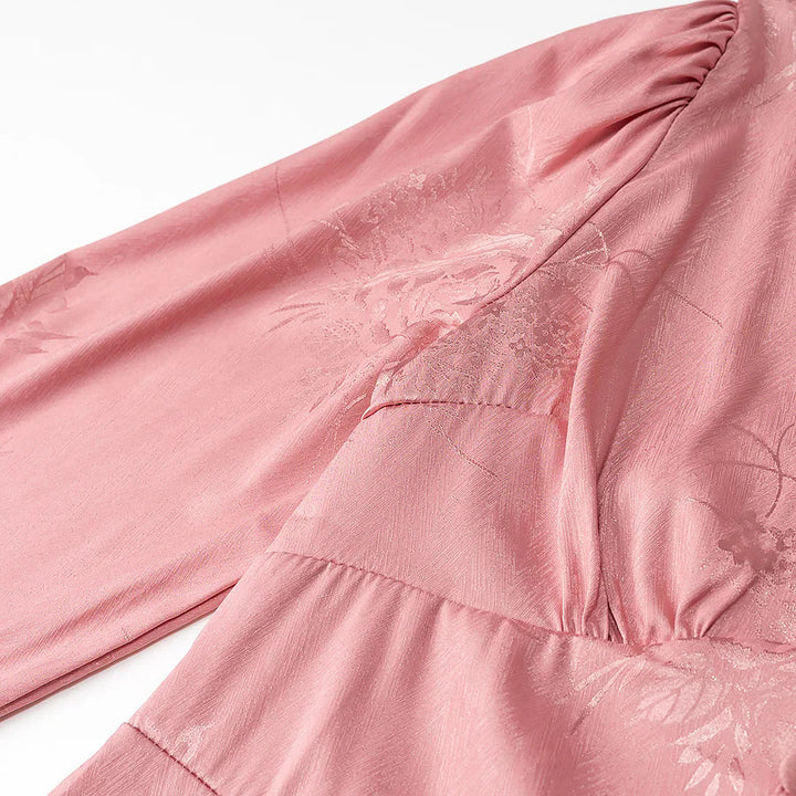 Damen Jacquard-Minikleid mit tiefem V-Ausschnitt, dekorativer Zierknopfleiste und voluminösen Ballonärmeln – Élara