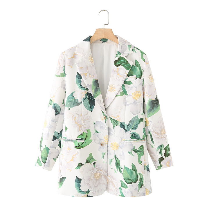 Damen floral bedruckter Longblazer mit Reverskragen und Leistentaschen – Célinea