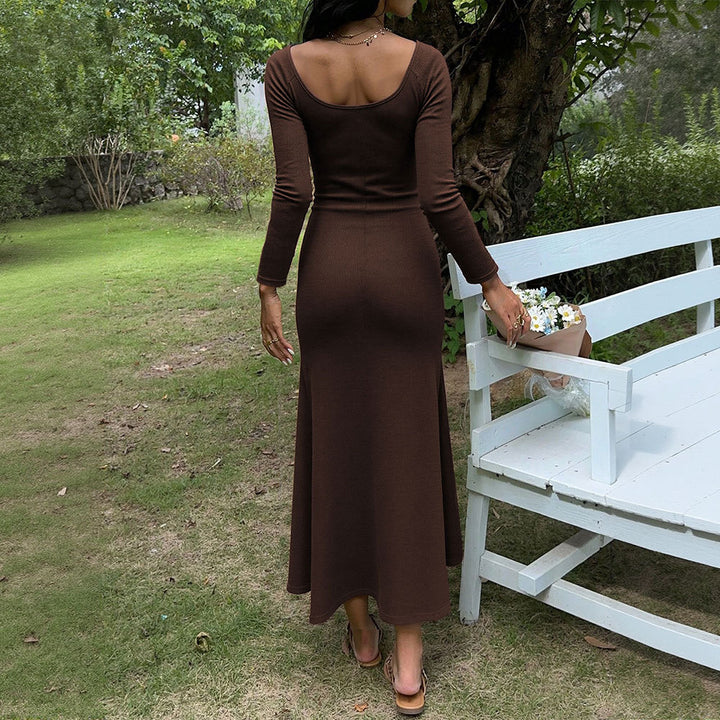 Damen figurbetontes Ripp-Maxikleid mit langen Ärmeln, Knoten‑Keyhole und ausgestelltem Meerjungfrauen-Saum – Valéora