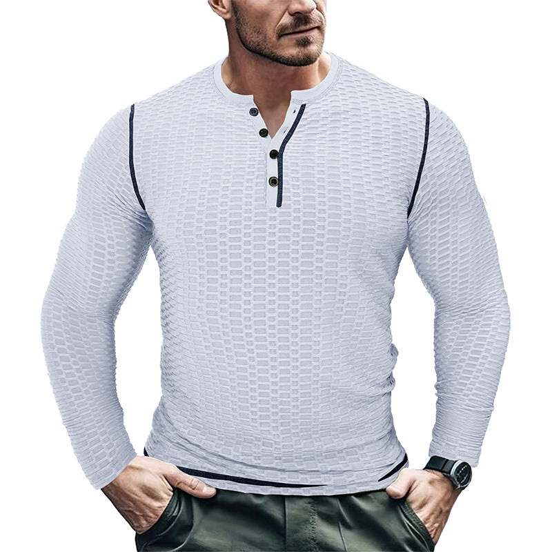 Herren Langarm-Henley-Shirt mit strukturiertem Gewebe und Kontrastnähten Echoarchiv