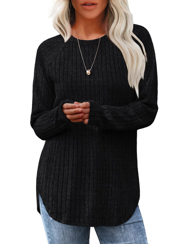 Damen gerippter Strickpullover mit Rundhalsausschnitt Oversize-Passform und Seitenschlitzen Echo Archiv