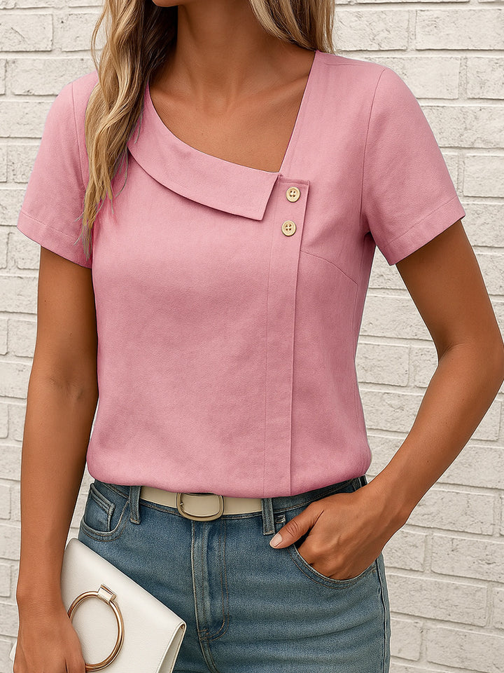Damen Modisches Oberteil mit asymmetrischem Kragen und Knopfdetail Echo Archiv