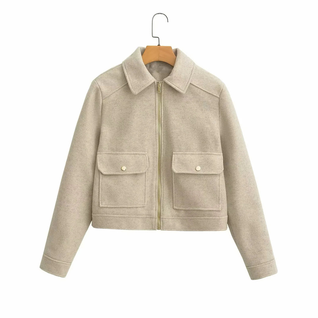 Damen boxy Wollblend Shacket mit verdecktem Metallreißverschluss, Hemdkragen und aufgesetzten Pattentaschen – Célinea