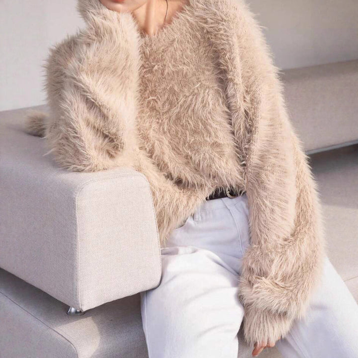Damen Lang geschnittener Kuschel-Feinstrickpullover mit weichem Flormix, Rundhalsausschnitt und legerer Silhouette – Mavelle