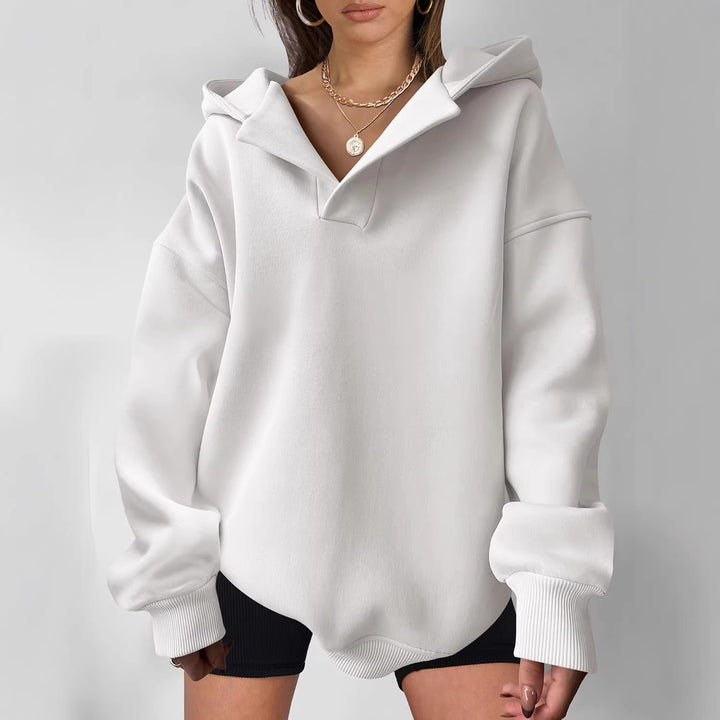 Damen Oversize-Kapuzenpullover aus schwerem Sweatstoff mit V‑Ausschnitt‑Detail und langen Rippbündchen – Auréline
