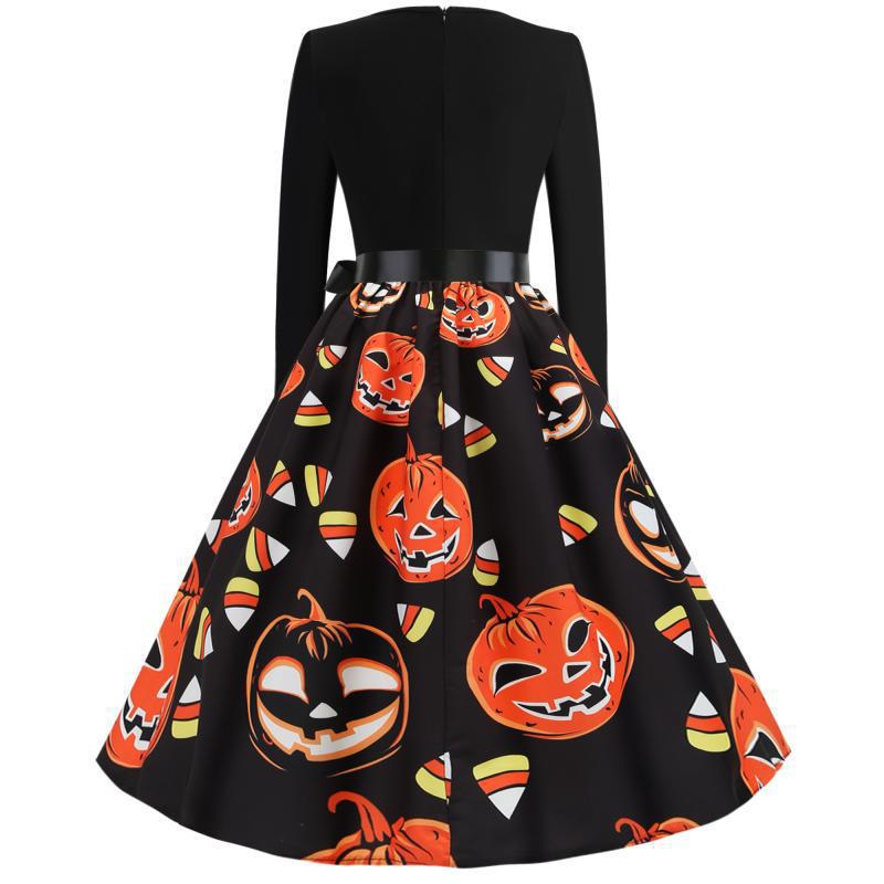 Damen Vintage A-Linien-Kleid mit gewelltem Ausschnitt, Taillenschärpe und Kürbis-Print – Élara