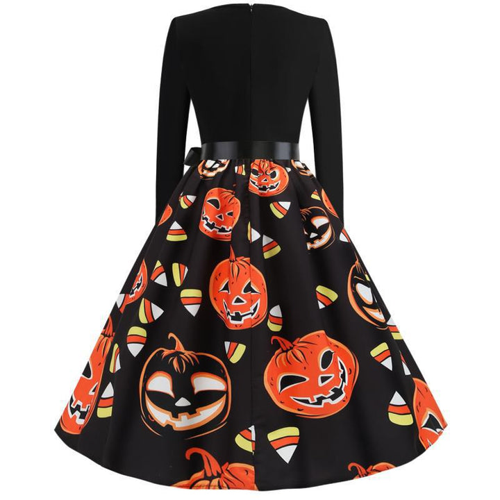 Damen Vintage A-Linien-Kleid mit gewelltem Ausschnitt, Taillenschärpe und Kürbis-Print – Élara