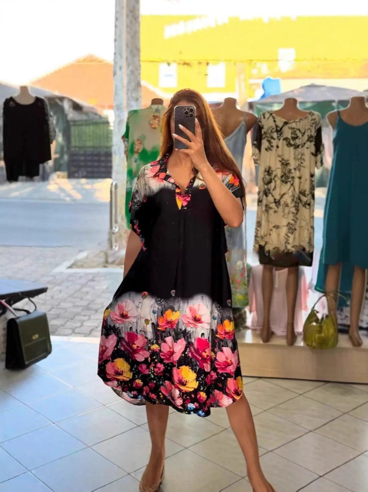 Damen nan leichtes Hemdblusenkleid mit floralem Bordürenprint, offenem V‑Ausschnitt und Einschubtaschen Echo Archiv