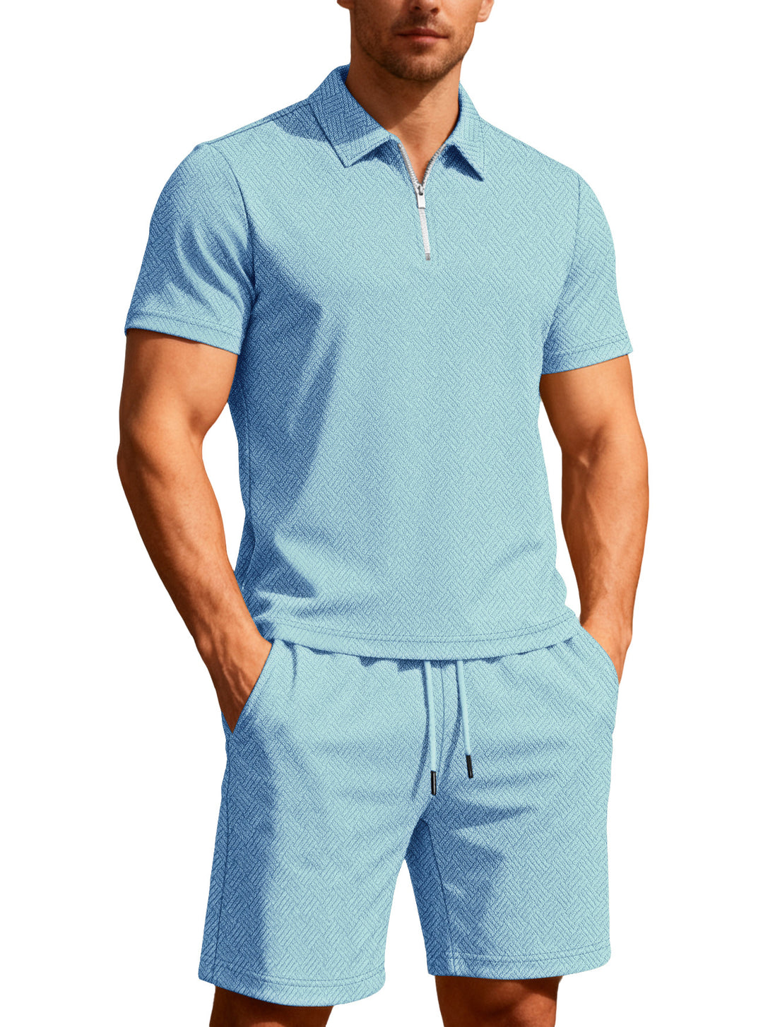 Herren nan komfortables Lounge-Zweiteiler aus strukturierter Baumwollmischung mit Halbzip-Poloshirt und Kordel-Shorts Echo Archiv