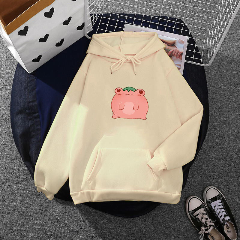 Damen oversized Kapuzenpullover aus Microfleece mit Cartoonfrosch-Motiv und Kängurutasche – Auréline