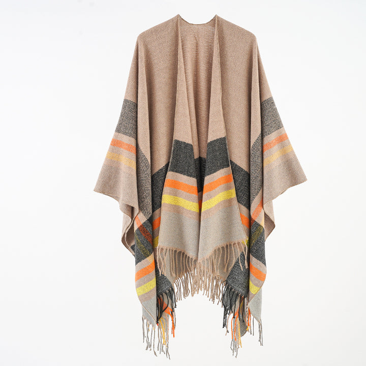 Damen Oversize-Überwurfponcho aus Wollmix mit grafischem Streifenmuster und Fransensaum – Célinea