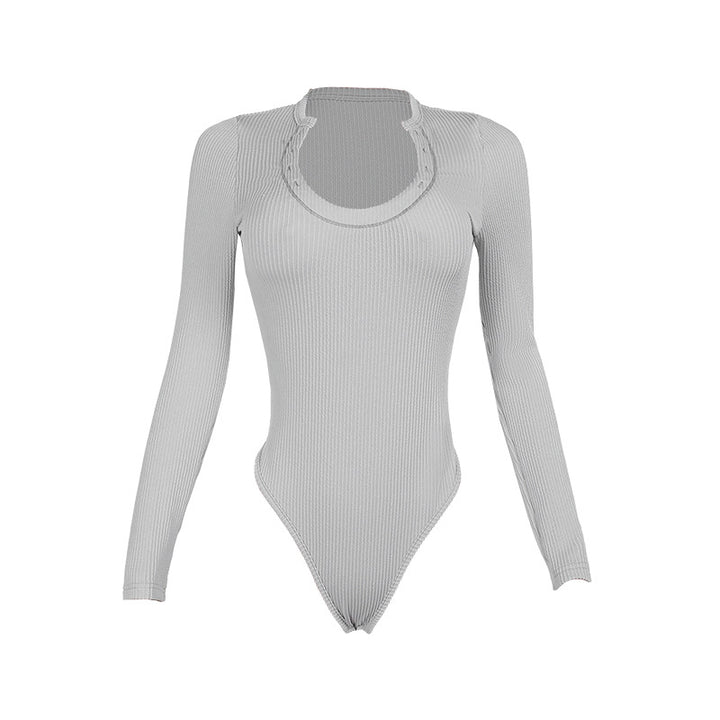 Damen Figurbetonter Rippshirt-Body mit langen Ärmeln und hohem Beinschnitt – Bodéline