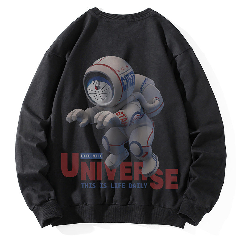 Unisex Oversize Pullover mit Cartoon-Astronauten-Frontprint, Rundhalsausschnitt und Rippbündchen – Auréline