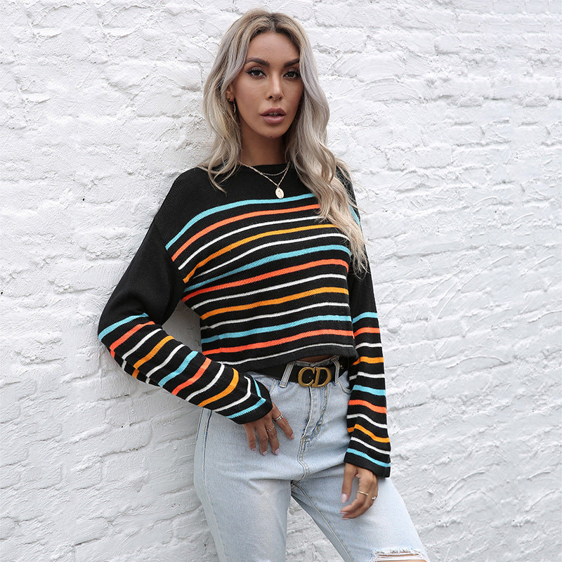 Damen Cropped Feinstrickpullover mit bunten Blockstreifen Echoarchiv