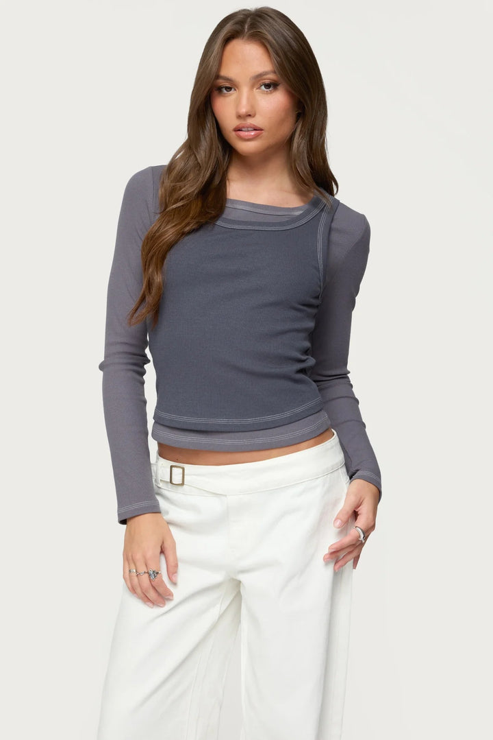 Damen Langarm-Crop-Top mit modischem Farbkontrast und nahtloser Verarbeitung Echo Archiv