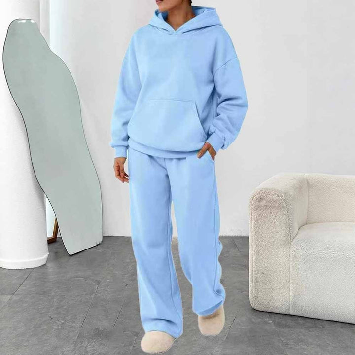 Damen zweiteiliges Freizeit-Lounge-Set mit Kapuzenpullover, Kängurutasche und gerader Loungehose aus weichem Baumwollmix – Auréline