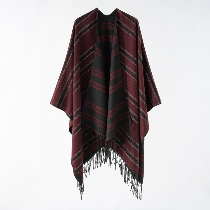 Damen Langer Webponcho im Cape-Stil mit Streifen-Jacquard und Fransen Echo Archiv