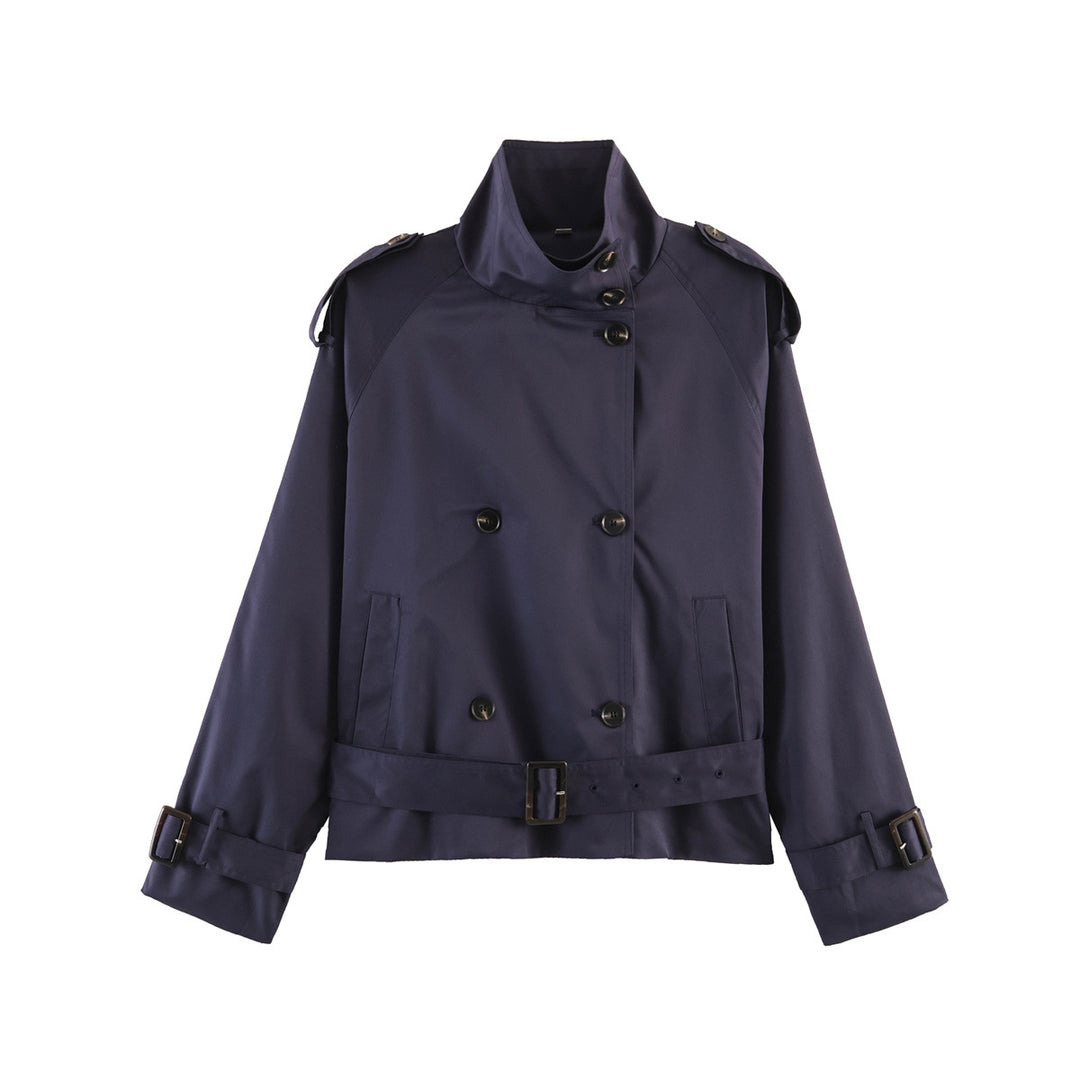 Damen 20+ kurzer Doppelreiher Trenchblouson im Boxy‑Cut mit Stehkragen Schulterklappen und verstellbarem Taillengürtel Echo Archiv