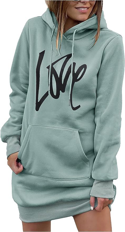 Damen Fleece-Kapuzenkleid mit Kängurutasche, Daumenlochärmeln und Oversize-Sweatshirt-Schnitt Echoarchiv
