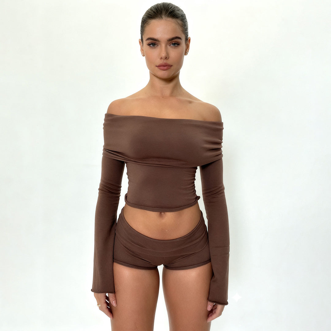 Damen nan Off-Shoulder Lounge-Set mit Langarm-Croptop und Highwaist-Shorts aus Stretchjersey Echo Archiv