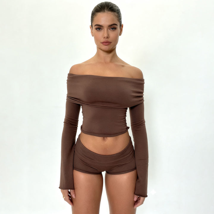 Damen nan Off-Shoulder Lounge-Set mit Langarm-Croptop und Highwaist-Shorts aus Stretchjersey Echo Archiv
