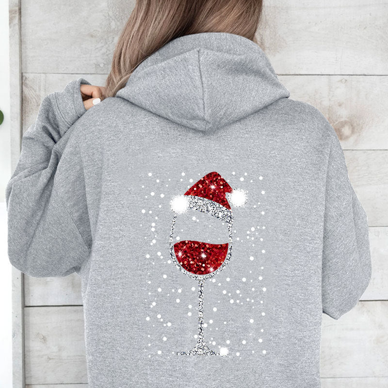 Damen Oversize Kapuzenpullover mit weihnachtlichem Glitzer-Weinglas-Print Echoarchiv