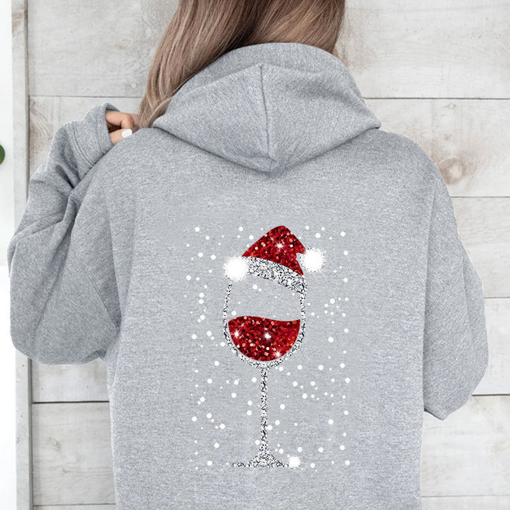 Damen Oversize Kapuzenpullover mit weihnachtlichem Glitzer-Weinglas-Print Echoarchiv