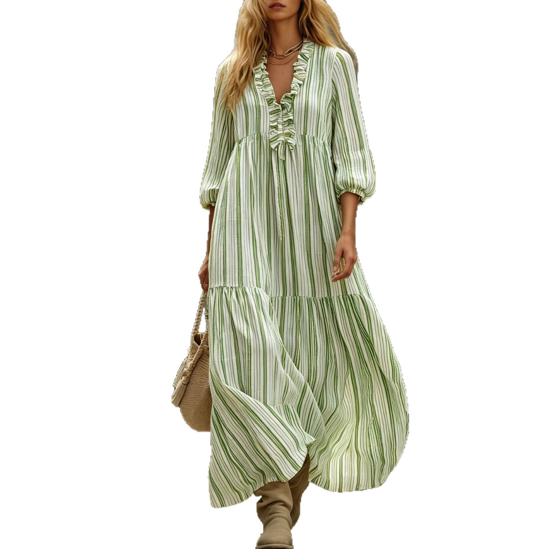 Damen Maxikleid mit Rüschen-V-Ausschnitt und Ballonärmeln Echoarchiv