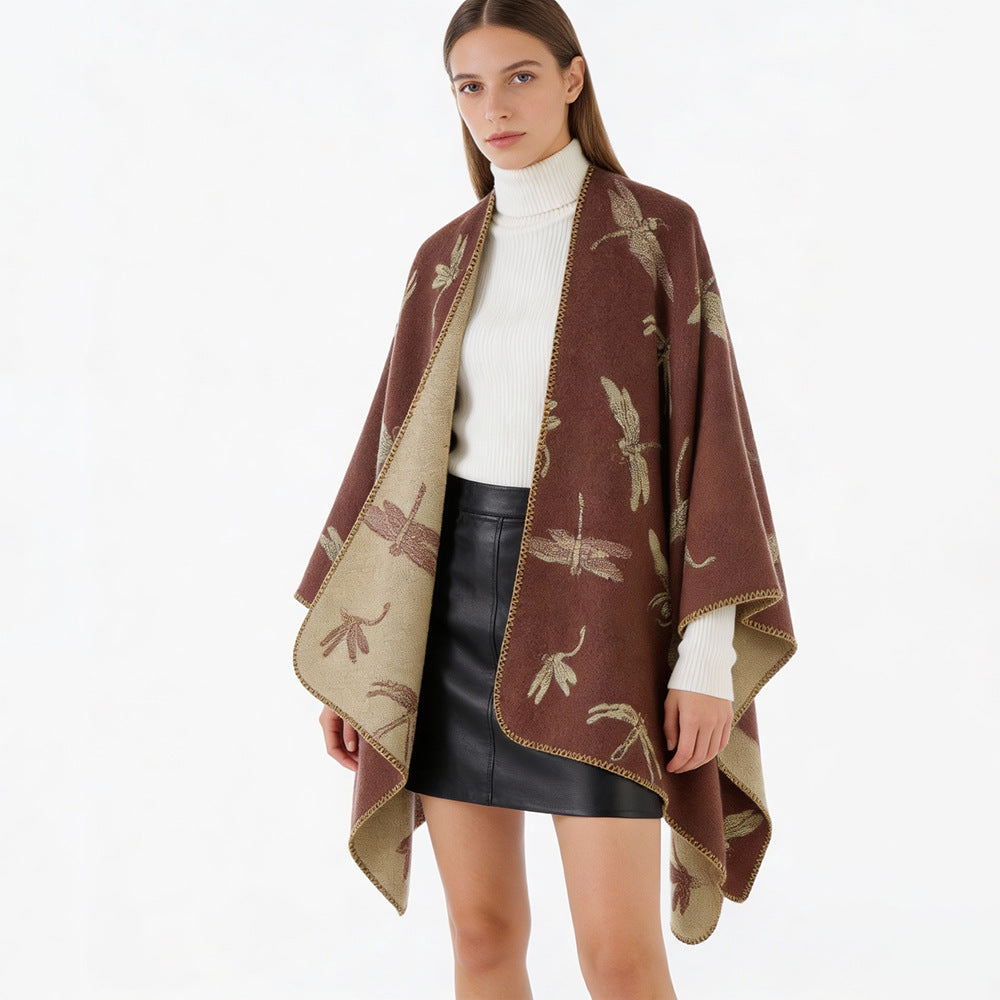 Damen Reversibler Cape-Poncho mit Libellen-Jacquard und feinem Saum – Célinea