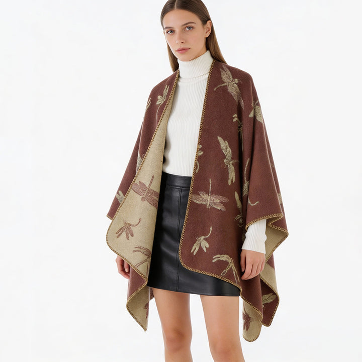 Damen Reversibler Cape-Poncho mit Libellen-Jacquard und feinem Saum – Célinea