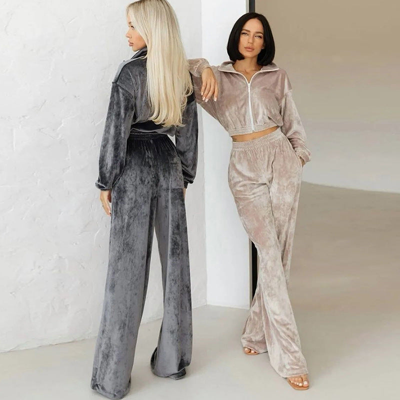 Damen nan Cropped Velours-Joggingset mit halbem Reißverschluss, gerafftem Komfortbund und breiten Bündchen Echo Archiv