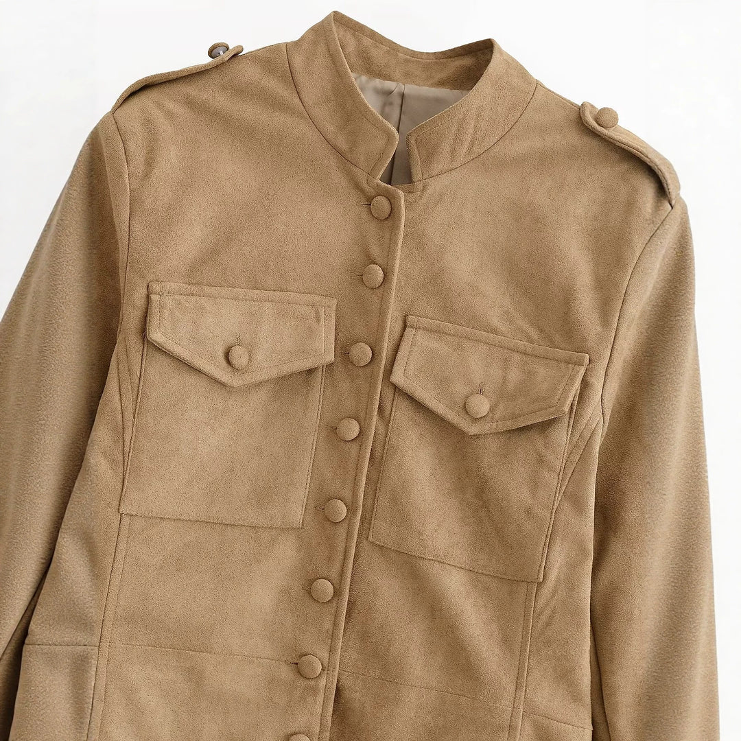 Damen Wildlederoptik Fieldjacke mit Stehkragen und Pattentaschen Echo Archiv