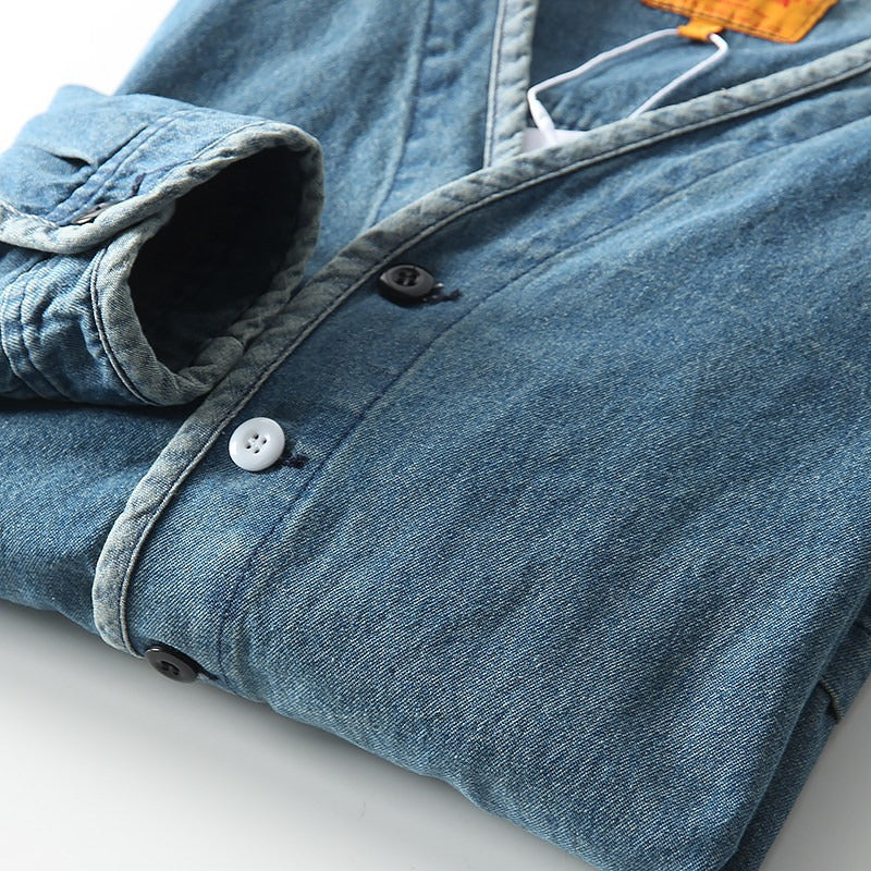 Herren Leichtes Jeans-Sakko im Overshirt-Stil mit V‑Ausschnitt und aufgesetzten Taschen Echoarchiv